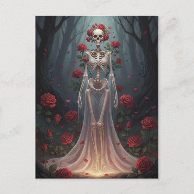 Postal A bony girl wears a wedding dress in a forest.  (Anverso)