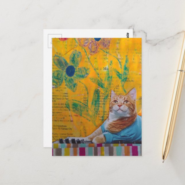 Postal A Cool Ginger Kitty Mixed Media Collage (Anverso/Reverso In Situ)