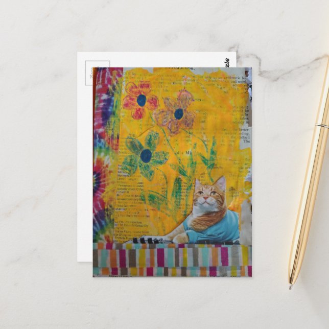 Postal A Cool Ginger Kitty on Yellow Mixed Media Collage (Anverso/Reverso In Situ)