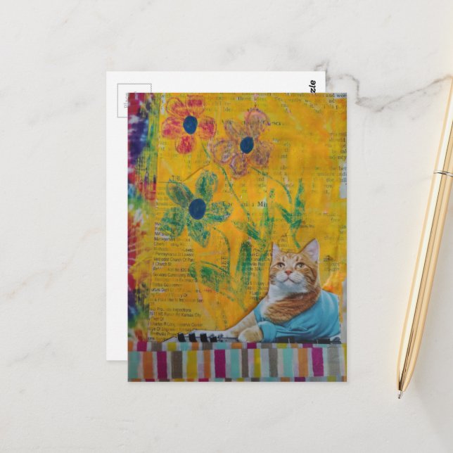 Postal A Cool Ginger Kitty Yellow Floral Mixed Media (Anverso/Reverso In Situ)