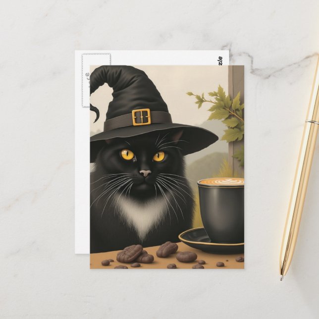 Postal A Cute Black Witch Cat and a Coffee (Anverso/Reverso In Situ)