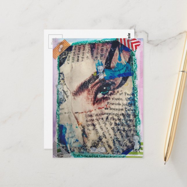 Postal A face abstract mixed media collage (Anverso/Reverso In Situ)