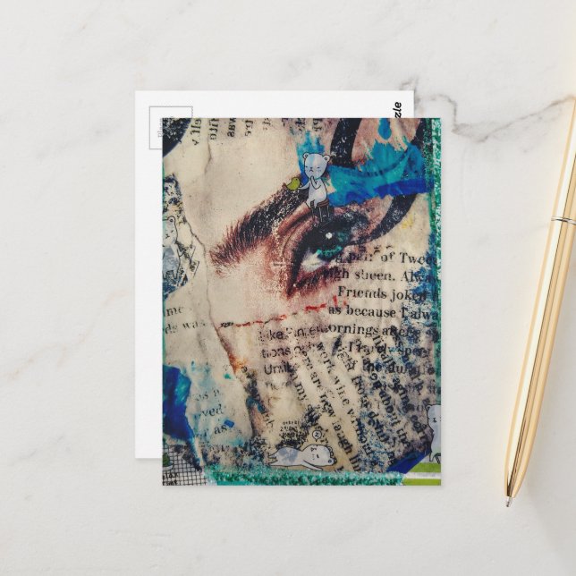 Postal A face and words abstract friends joke collage (Anverso/Reverso In Situ)