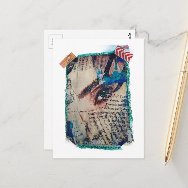 Postal A face and words abstract mixed media collage (Anverso/Reverso In Situ)