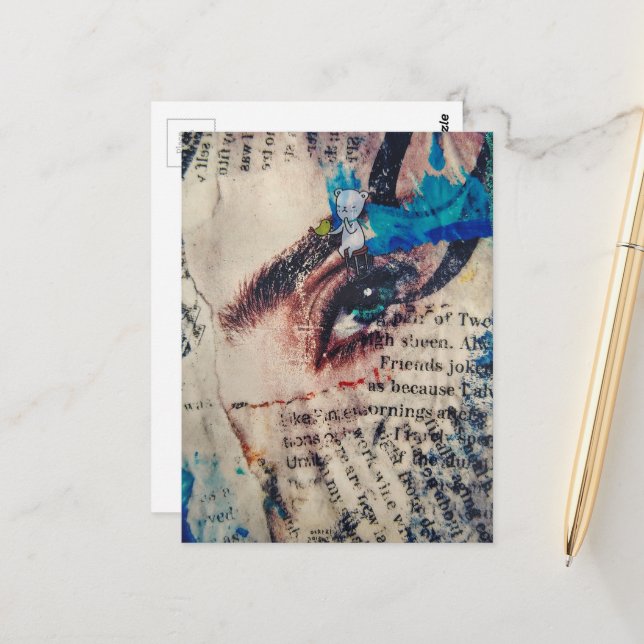 Postal A face and words abstract mixed media collage (Anverso/Reverso In Situ)