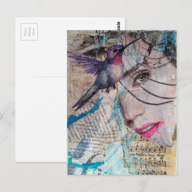 Postal A Face n Hummingbird Abstract Mixed Media Collage (Anverso / Reverso)