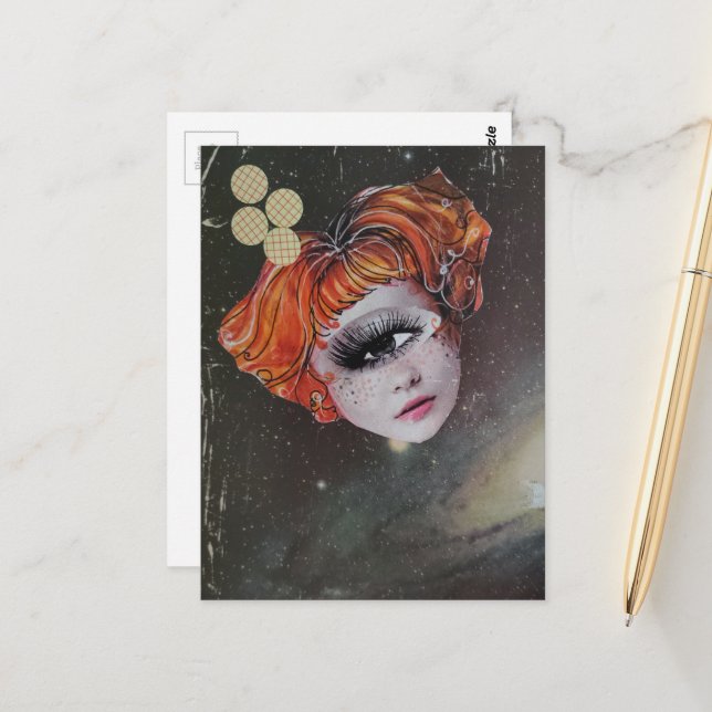 Postal A face with single eye space mixed media collage (Anverso/Reverso In Situ)