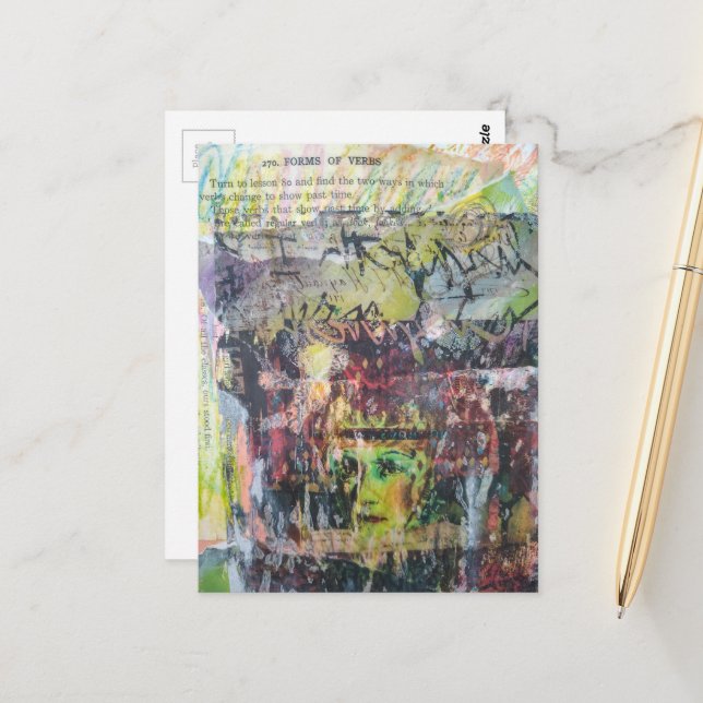 Postal A grungy face verbs mixed media collage (Anverso/Reverso In Situ)