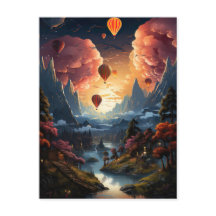 A hot air balloon flies over an asian landscape