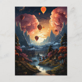 Postal A hot air balloon flies over an asian landscape