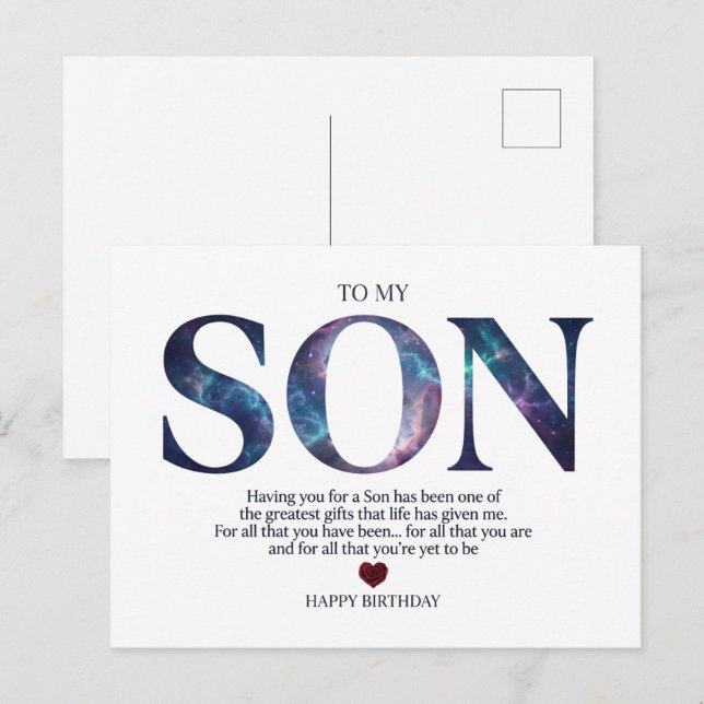 Postal A mi hijo Galaxia sentimental feliz cumpleaños (Anverso / Reverso)