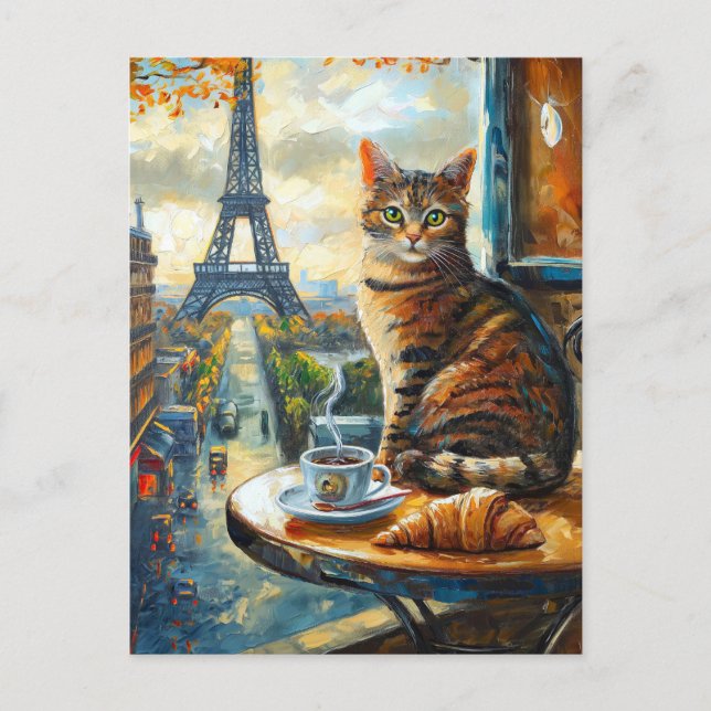 Postal A Morning in Paris | Tabby Cat at a Cafe (Anverso)