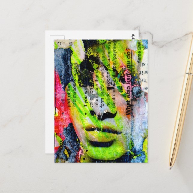 Postal A pretty green face mixed media collage (Anverso/Reverso In Situ)
