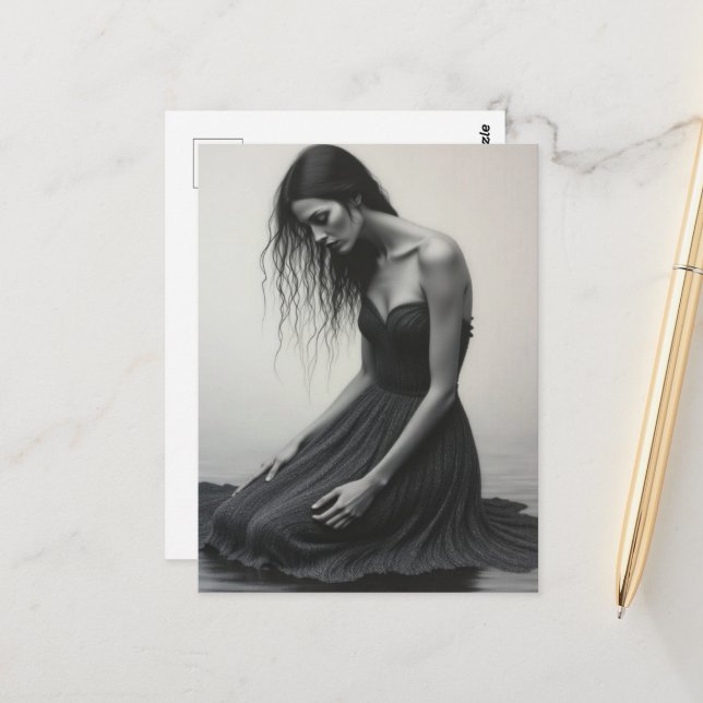 Postal A Sad Woman Kneels in the Water Black and White (Anverso/Reverso In Situ)
