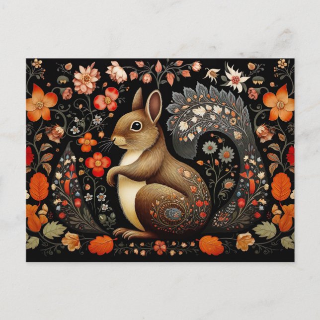 Postal a Squirrel surrounded by flowers in dark colors (Anverso)