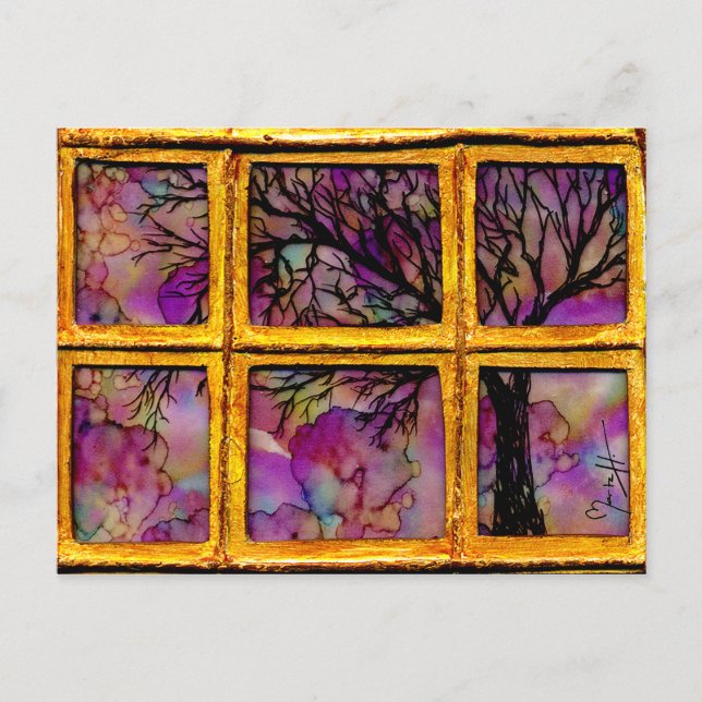 Postal A través de mi ventana - Árbol en fondo rosado (Anverso)