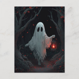 Postal A white ghost holding a red lantern in a hamfores