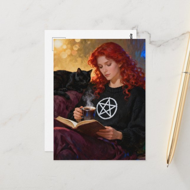 Postal A witch and her cat enjoying tea and a book (Anverso/Reverso In Situ)