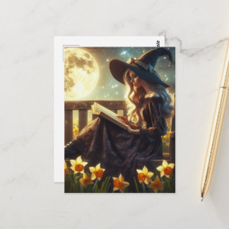 Postal A Witch Reading Near the Daffodils Full Moon Night