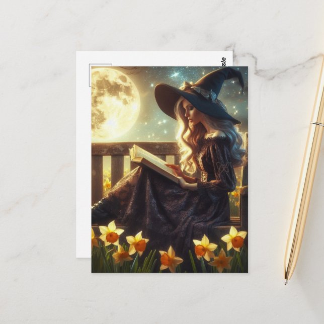 Postal A Witch Reading Near the Daffodils Full Moon Night (Anverso/Reverso In Situ)