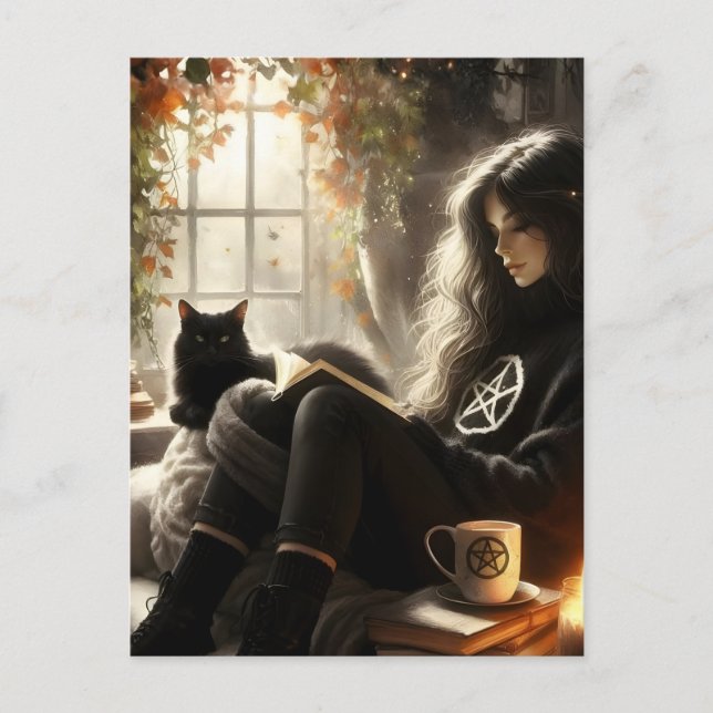 Postal A witch reads with her black cat (Anverso)