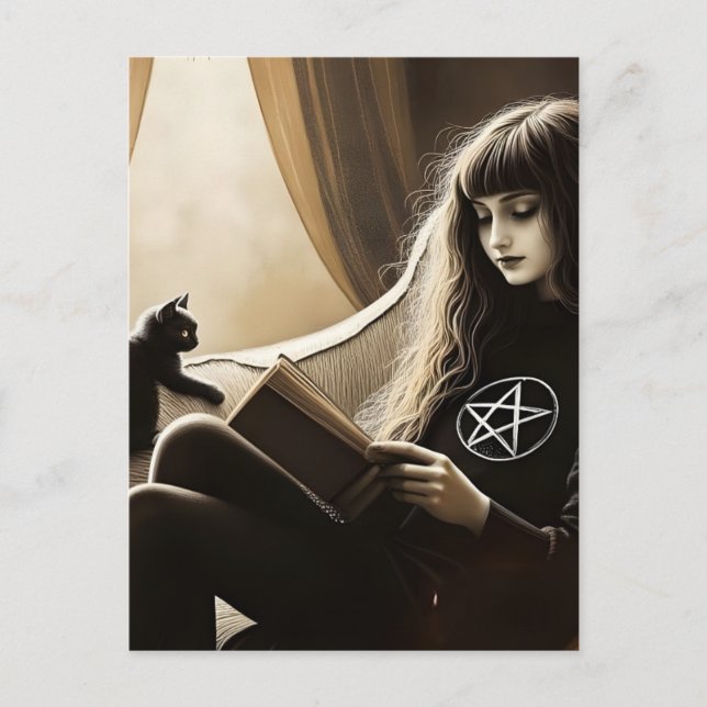 Postal A witch reads with her black kitten (Anverso)