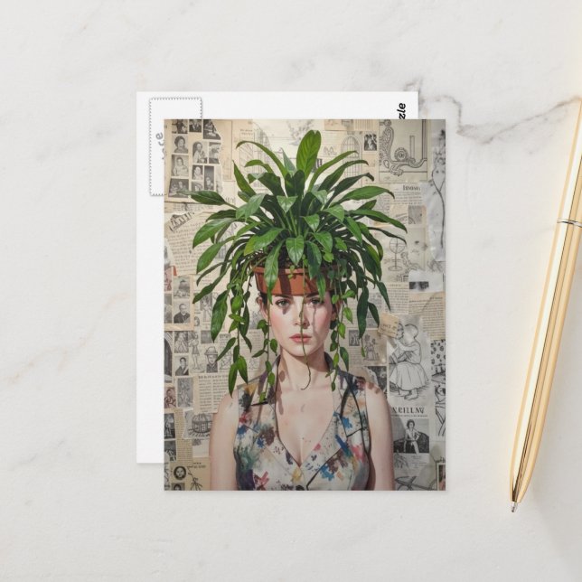 Postal A Woman with  Houseplant on her Head Collage (Anverso/Reverso In Situ)
