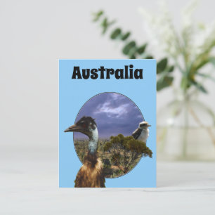 Postal "Abajo bajo Dúo: Emu y Kookaburra en arte de Popou