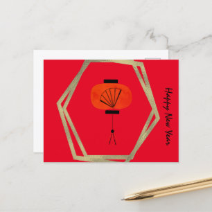 Postal Abanico de Linterna de Año Nuevo Chino Rojo Dorado
