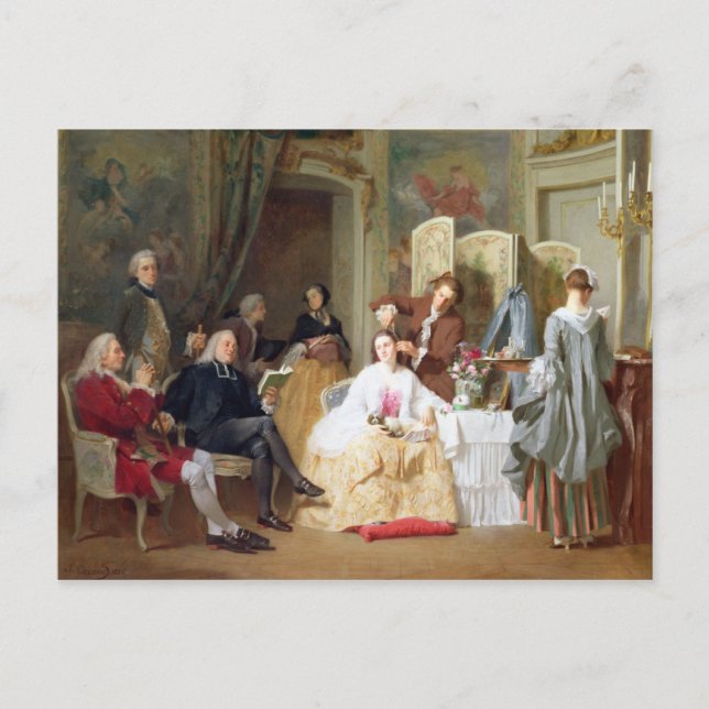 Postal Abbe Prevost leyendo 'Manon Lescaut', 1856 (Anverso)