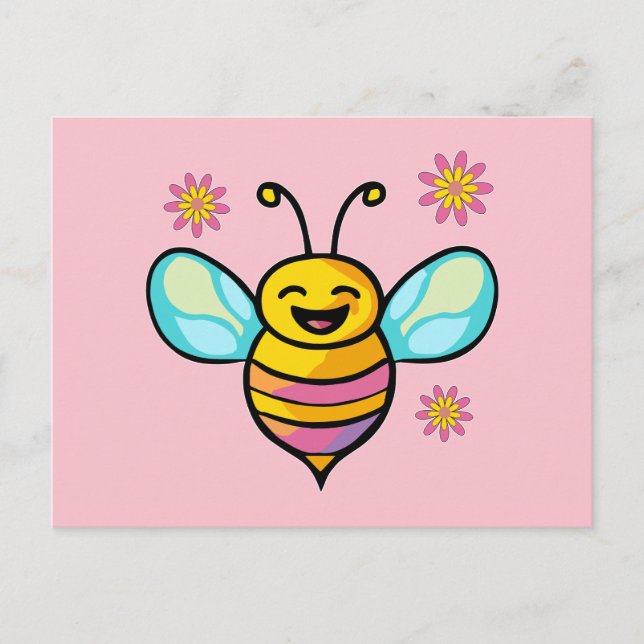 Postal Abeja bebé sonriente feliz con flores. (Anverso)