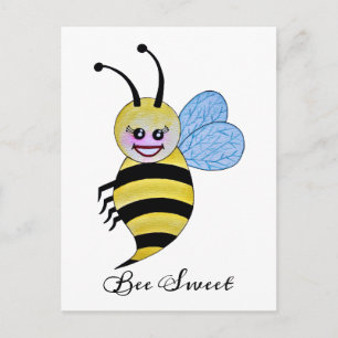 Postal Abeja Cuidada De Acuarela Con Sonrisa Feliz