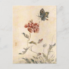 Postal Abeja de época, mariposa y acuarela de amapola