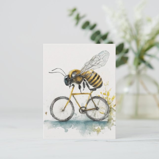 Postal Abeja divertida montando un dibujo de la acuarela  (Anverso de pie)