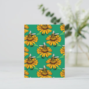 Postal Abeja en diseño de patrón de flor de girasol verde