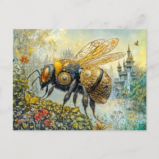 Postal abeja flor de vaporpunk (Anverso)