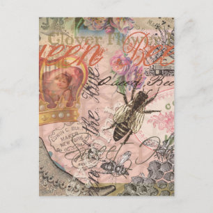 Postal Abeja Reina Vintage Hermoso Collage