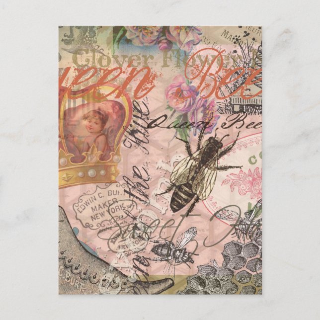 Postal Abeja Reina Vintage Hermoso Collage (Anverso)