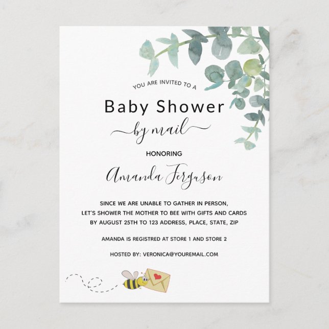 Postal Abeja verde de eucalipto blanco Baby Shower por co (Anverso)