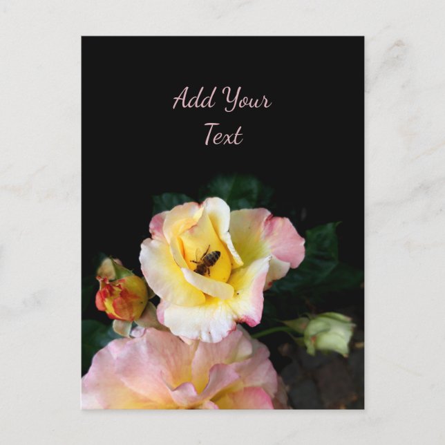 Postal Abejas con flores de rosas amarillas rosas (Anverso)