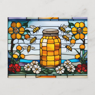 Postal Abejas de Miel de Vidrio Pintado y Tarro de Miel