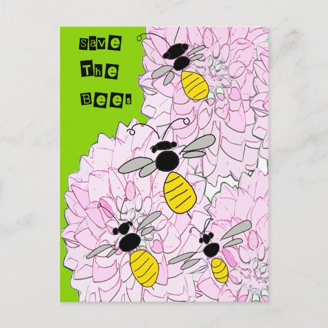 Postal Abejas de miel sobre Dahlias rosadas (Anverso)