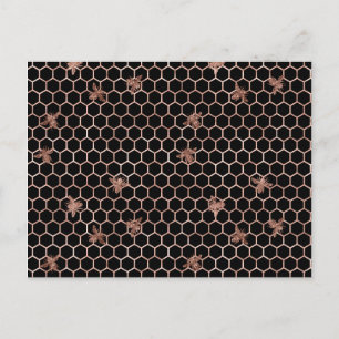Postal Abejas de oro Rosa y panza de miel sobre negro