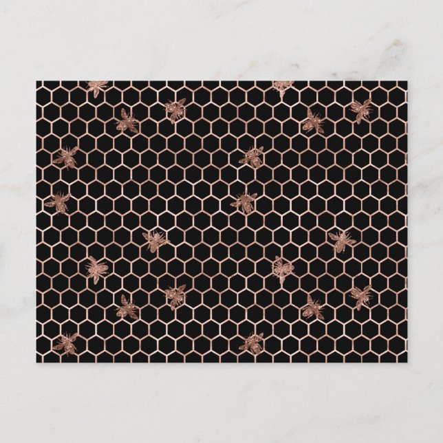 Postal Abejas de oro Rosa y panza de miel sobre negro (Anverso)