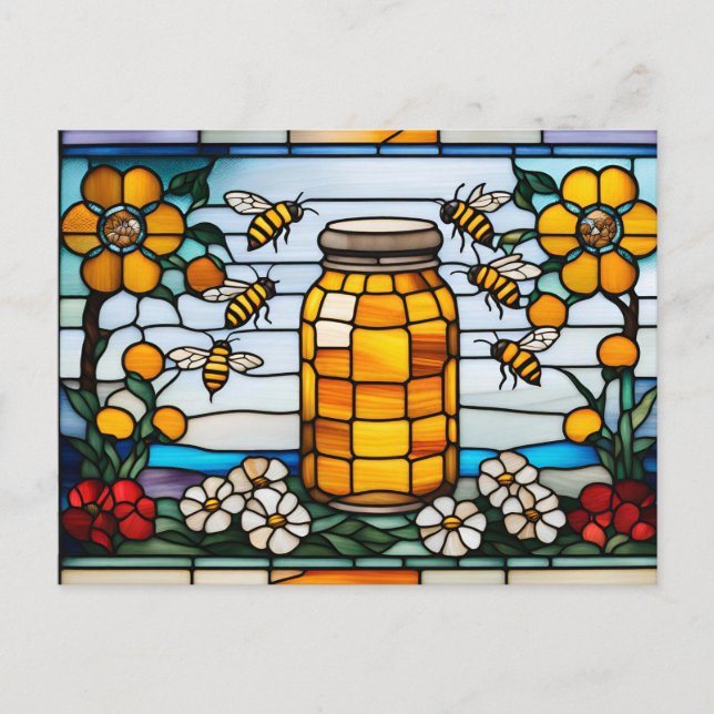 Postal Abejas de vidrio manchado y miel Jar (Anverso)