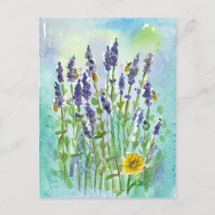 Postal Abejas Melíferas Flores de Lavanda Acuarela
