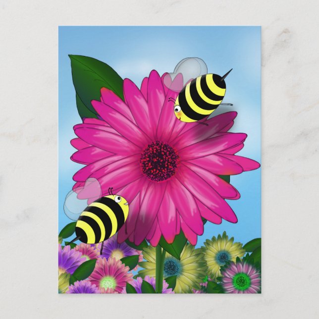 Postal Abejas Melíferas Reuniéndose en Flor Rosa (Anverso)