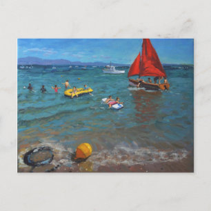 Postal Abersoch de la boya amarilla y las velas rojas