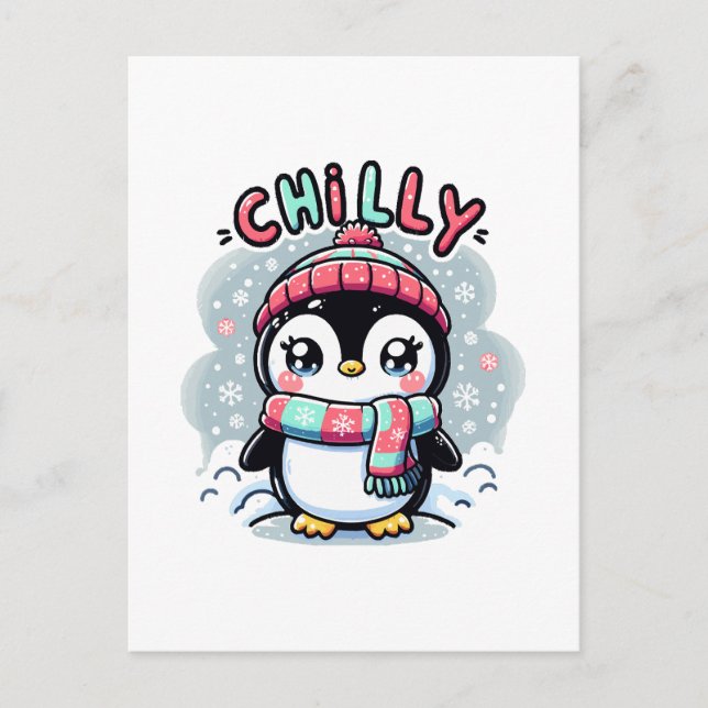 Postal Abrazo de bufanda nevada de pingüino helado (Anverso)