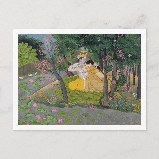 Postal Abrazo de Radha y de Krishna en una arboleda del (Anverso)